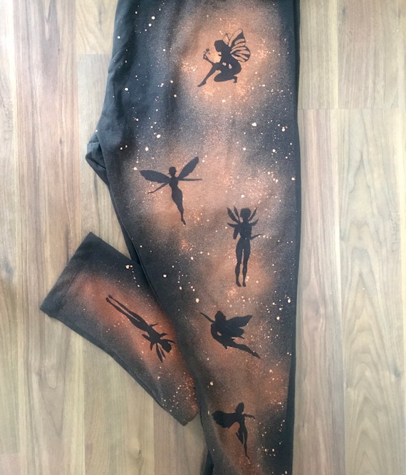 Fairy and Toadstool Hand Bleached Womens Girls Black Leggings 