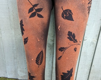 Leaf Design hand bleached stretch black Leggings, Womens Girls, Plus size