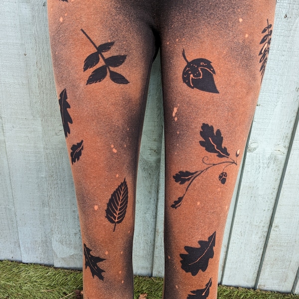 Leaf Design hand bleached stretch black Leggings, Womens Girls, Plus size