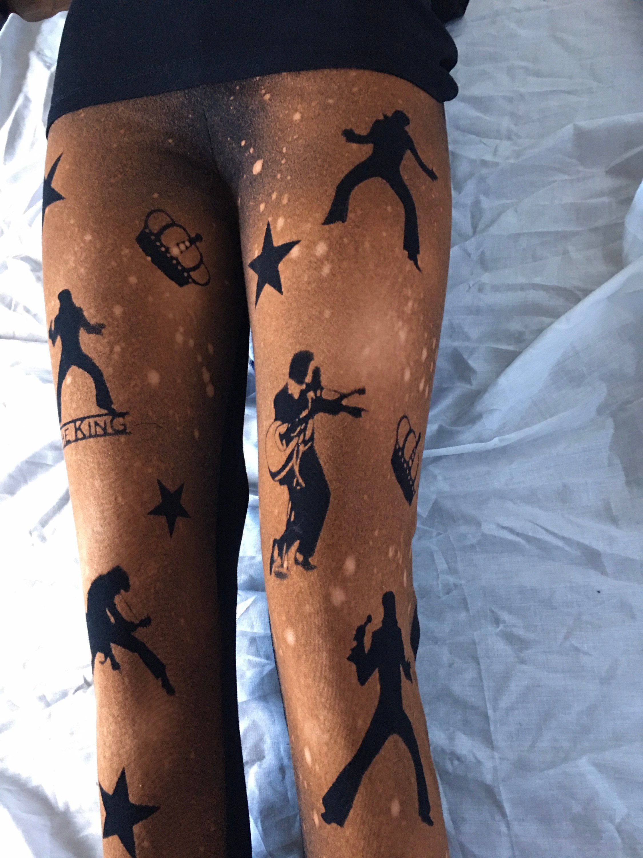 Fairy and Toadstool Hand Bleached Womens Girls Black Leggings 