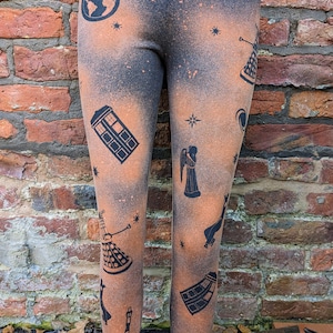 Sci-fi hand bleached black Leggings, Womens girls