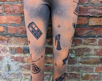 Sci-fi hand bleached black Leggings, Womens girls
