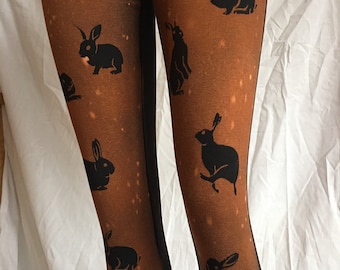 Cute Bunnies hand bleached printed Black Leggings, Rabbit Lover's Gift