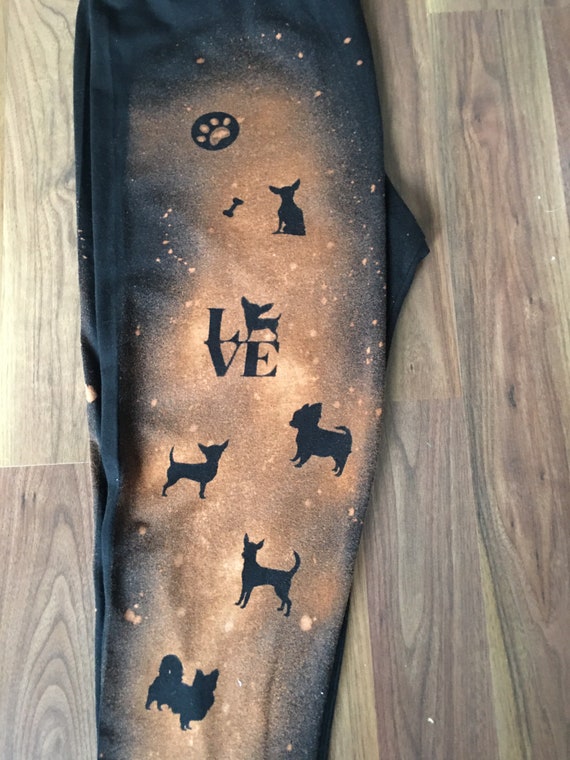 Chihuahua Print hand bleached Womens Girls Black Leggings, Dog Lover's Gift