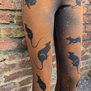 Rats Print hand bleached black Leggings, Womens girls