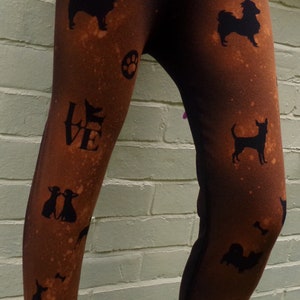 Chihuahua Print hand bleached Womens Girls Black Leggings, Dog Lover's Gift image 3