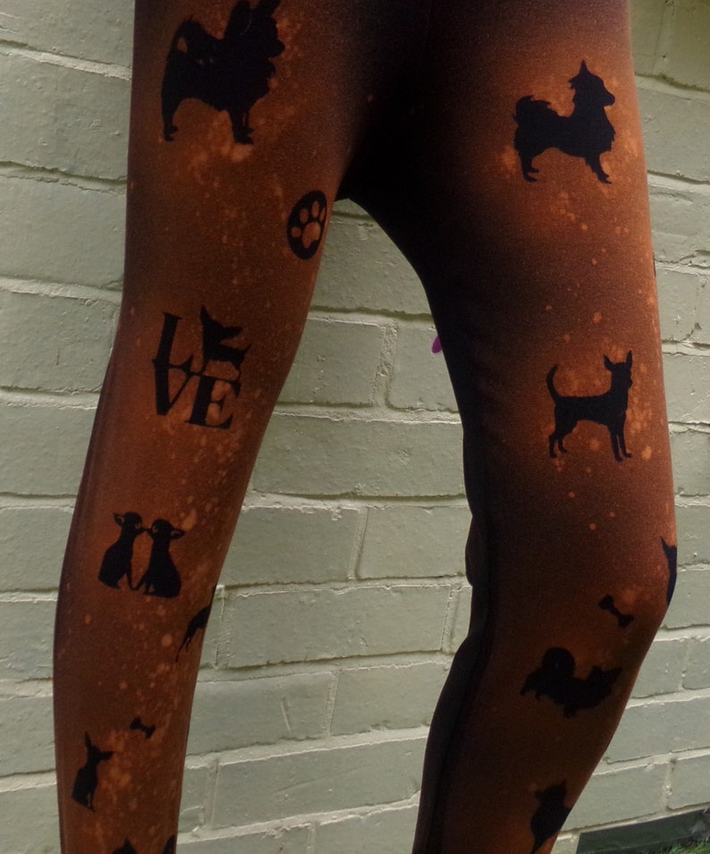 Chihuahua Print hand bleached Womens Girls Black Leggings, Dog Lover's Gift image 3