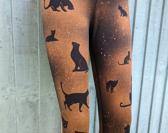 Cat hand bleached print Black Stretch Leggings,  Womens girls, Plus size