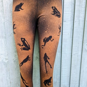 Frog print hand bleached black Leggings, Womens girls