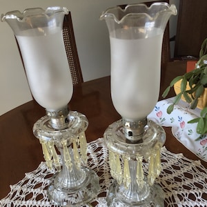 Hurricane Lamps, Set of Cut Glass Working Hurricane Lamps, Lamps With Hanging Prisms, Brushed Glass Hurricane Chimneys, Lamp Set, Lamp Set