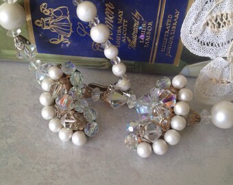Jewelry Set, Elegant formal antique earring and necklace set, vintage jewelry set, Pearl necklace, pearl earrings, pearl jewelry set