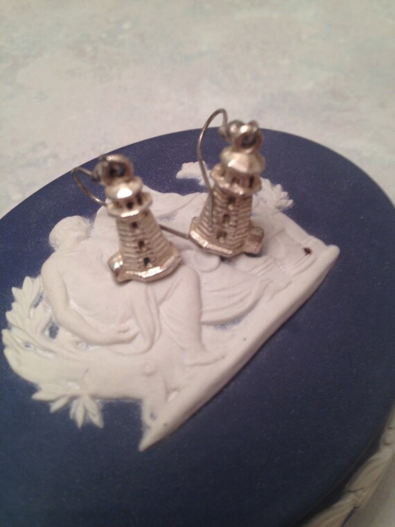 Silver dangling lighthouse earrings, lighthouse e… - image 2