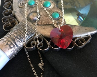 Pendant necklace, red heart, Red crystal heart pendant necklace, silver chain, red heart, red crystal, 16 inch necklace, gifts under 15