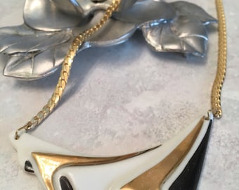 STAMPED Avon necklace, Avon Pendant Necklace, Pendant Necklace, Black, White, Gold Porcelain Vintage Avon Necklace, Spring Clasp, Gold Chain