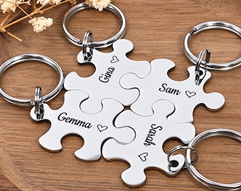 Personalised Puzzle Keyring, Friend Group Gift, Custom Name Keychain Set for Friends and Family