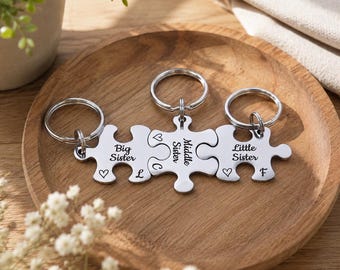 Personalised Engraved Puzzle Piece Keyring, Siblings Gift, Custom Family Keychain, Brothers Sisters Keepsake