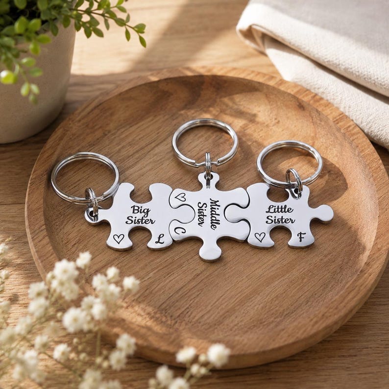 Personalised Engraved Puzzle Piece Keyring, Siblings Gift, Custom Family Keychain, Brothers Sisters Keepsake image 1