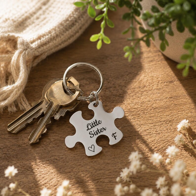 Personalised Engraved Puzzle Piece Keyring, Siblings Gift, Custom Family Keychain, Brothers Sisters Keepsake image 3