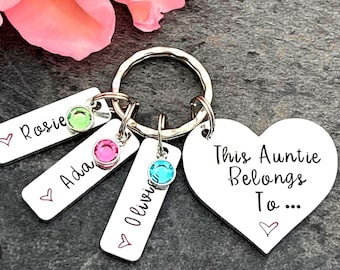 Auntie Keyring with  Birthstones, This Auntie Belongs To Personalised Keyring, Mother's Day Gift