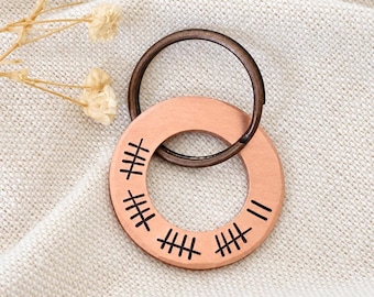 May include: A circular copper-toned metal pendant featuring black stamped tally marks arranged in four distinct groups around the ring. The pendant is attached to a dark bronze-colored metal split ring, creating a functional keychain accessory.