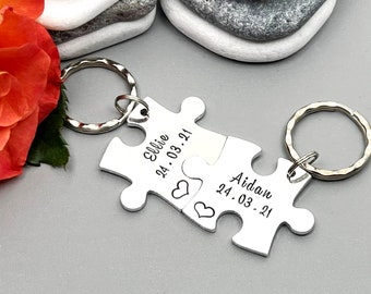 Couples Keyring, Puzzle Special Date and Name Personalised Keyring, Relationship, Wedding, Anniversary, Valentines Gift