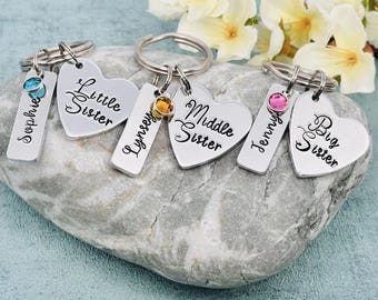 Personalised Sister Keyring, Hand Stamped Keyring with Birthstone