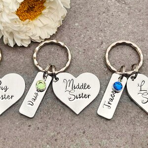 Sisters Gift, Big Mid Lil Sis Personalised Keyring with  Birthstones, Big Middle Little Sister, Siblings Gift