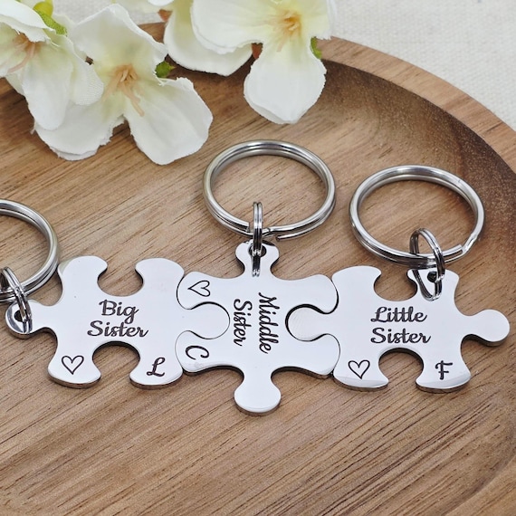 Personalised Engraved Puzzle Piece Keyring, Siblings Gift, Custom Family Keychain, Brothers Sisters Keepsake
