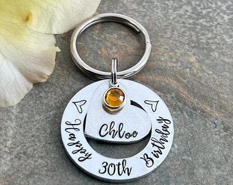 Womens 30th 40th 50th Birthday Gift, Personalised Keyring with Birthstone