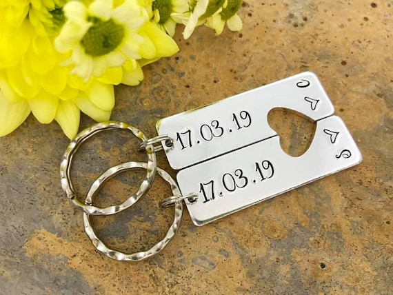 Wedding Day Engagement Anniversary Valentines Day Personalised Special Date Heart Keyring Set