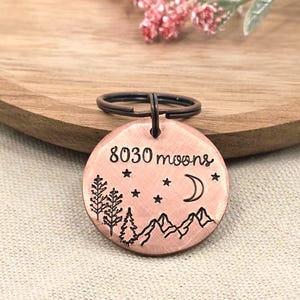 May include: A copper-colored, round pet tag with a dark metal ring. The tag features the text "8030 moons" above a design of trees, mountains, stars, and a crescent moon. The tag is likely for a dog or cat.