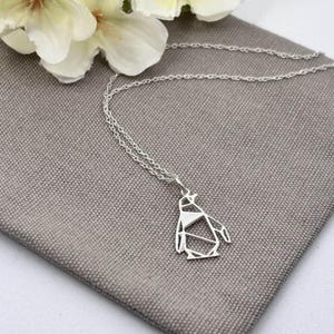 Sterling Silver Origami Penguin Pendant Necklace, Womens Girls Necklace, Gift for Her