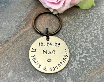 21st Wedding Anniversary Brass Keyring, 21 Years and Counting, Wedding Anniversary Brass Gift