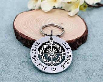 Personalized Coordinates Keyring, Hand Stamped Compass Travel Gift