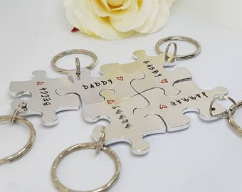 Family Interlocking Puzzle Keyring Set, Couple's Keychains, Hand Stamped, Personalised Keychains, Wedding, Valentine's Gift, Best Friends