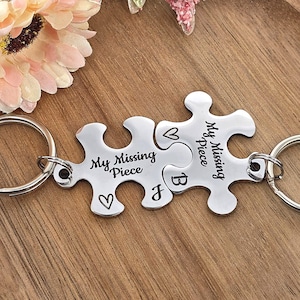 Engraved Puzzle Keyrings for Couples, Personalised Missing Piece Gift, Custom Initials Keychain Set, Anniversary Valentines Gift