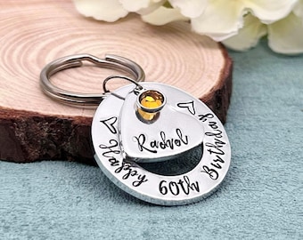 Personalised 60th Birthday Keyring, Hand Stamped Gift with Birthstone