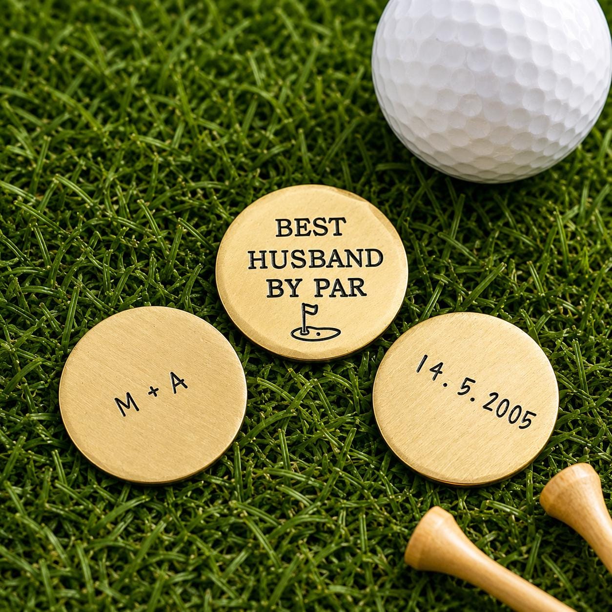 Personalised Brass Golf Ball Marker, 21st Anniversary Gift for