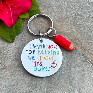 Teacher Gift, Hand Stamped, Personalised Keyring Keychain, Teaching Assistant Gift, Thank You For Helping Me Grow, End of Year Gift