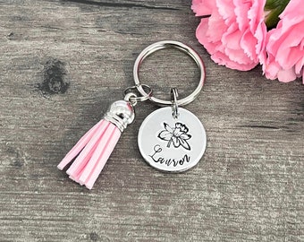 Birth Flower Keyring, Personalised Name Keyring, Birthday, Christmas, Mother's Day Gift