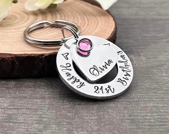 Girls 21st Birthday Gift, Personalised Keyring with Birthstone