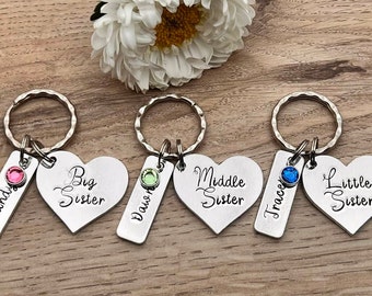 Sisters Gift, Big Mid Lil Sis Personalised Keyring with  Birthstones, Big Middle Little Sister, Siblings Gift