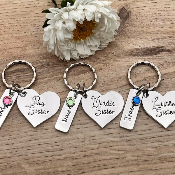 Sisters Gift, Big Mid Lil Sis Personalised Keyring with  Birthstones, Big Middle Little Sister, Siblings Gift