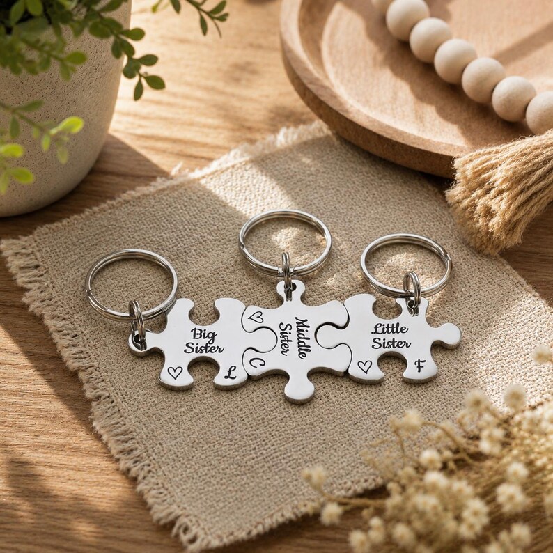 Personalised Engraved Puzzle Piece Keyring, Siblings Gift, Custom Family Keychain, Brothers Sisters Keepsake image 2