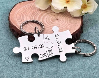 Personalised Couples Gift, Special Date Puzzle Keyring, Wedding, Anniversary, Valentine's Day Gift
