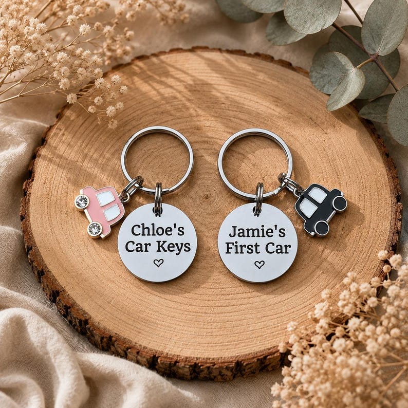 Puede incluir: Dos llaveros circulares de metal con anillas. Uno tiene un dije de coche rosa y el texto Chloe's Car Keys con un coraz&oacute;n. El otro tiene un dije de coche negro y el texto Jamie's First Car con un coraz&oacute;n. Ambos tienen peque&ntilde;as piedras claras.