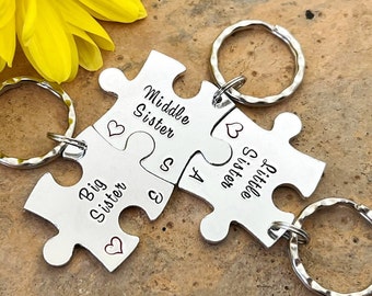 Siblings Gift, Personalised Puzzle Keyring, Big Middle Little