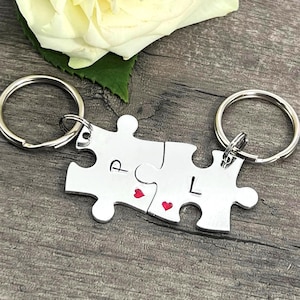 Personalised Initial Mini Puzzle Keyrings, Couples Keyrings, Wedding Anniversary Valentine&#39;s Gift