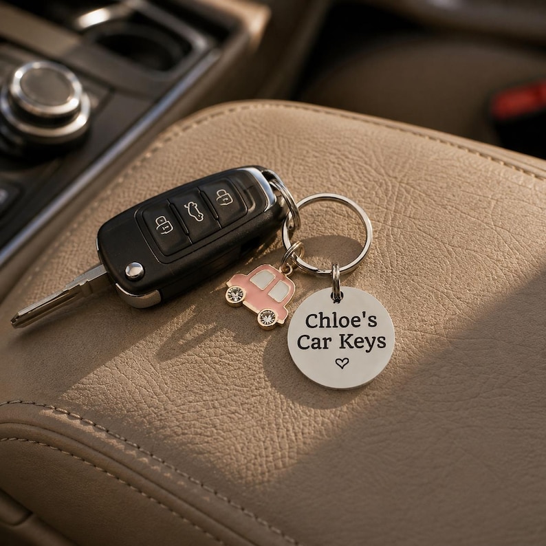 Puede incluir: Un llavero de coche negro unido a una anilla de metal plateado con dos dijes: un coche peque&ntilde;o de color rosa con ventanas blancas y un disco redondo de plata grabado con el texto Chloe's Car Keys y un peque&ntilde;o s&iacute;mbolo de coraz&oacute;n debajo.