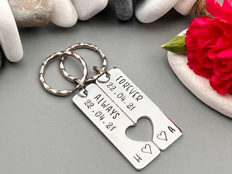 Couples Keyrings, Special Date, Forever Always, Relationship, Wedding, Anniversary Gift, Hand Stamped Personalised Keyrings, Valentines Gift 